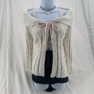 Cottage core Vintage Y2K Cable Knit Shawl Collar Sweater Cream